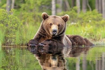 Obraz premium A brown bear lying on the surface of calm water, perfect for nature and wildlife photography