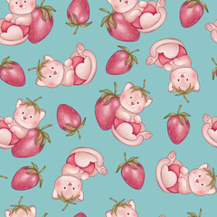 seamless pattern with watercolor baby kitty and red berry. animal wallpaper illustration for gift wrapping paper