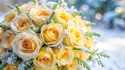 Obraz premium A close-up reveals a winter wedding bouquet's pale yellow roses, sharply focused against a soft blur.