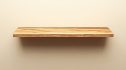 A narrow wooden shelf with a natural finish, positioned against a soft beige wall.