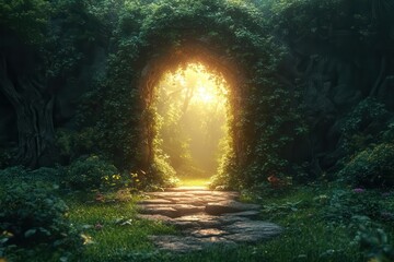 Obraz premium magical teleport portal shimmering in a mystic fairy tale forest surrounded by enchanted flora inviting viewers to a parallel fantasy world filled with wonder and adventure