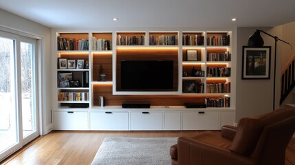 Modern living room with built-in entertainment center, shelves, and LED lighting.