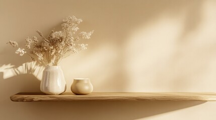 A narrow wooden shelf with a natural finish, positioned against a soft beige wall.