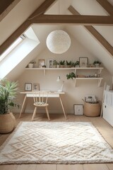 Cozy attic home office with wooden desk, beige rug, and natural decor.