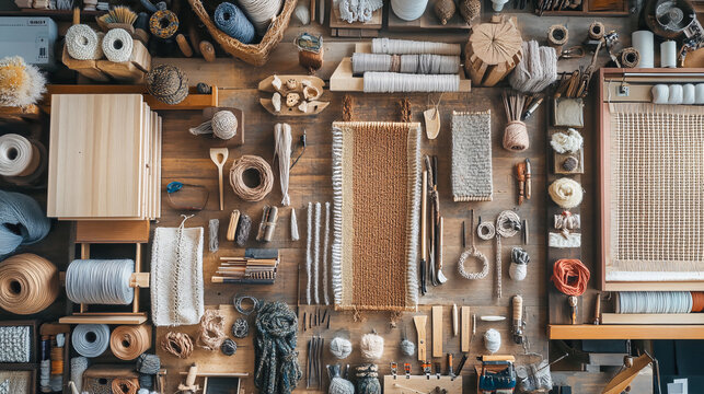 A collage of various handicrafts, including knitting, embroidery, and woodworking, arranged in a visually engaging layout that celebrates artisanal skills.  