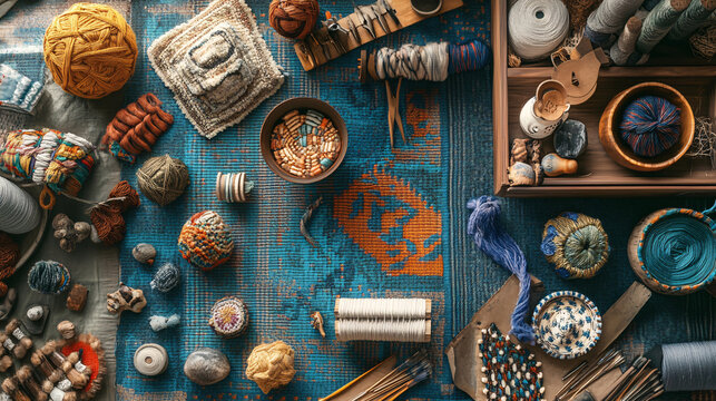 A collage of various handicrafts, including knitting, embroidery, and woodworking, arranged in a visually engaging layout that celebrates artisanal skills.  