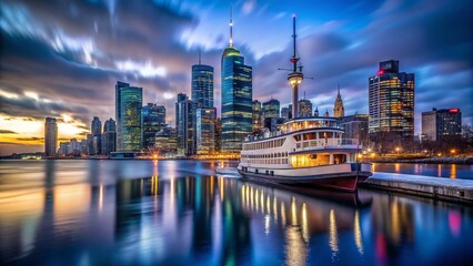 Obraz premium Toronto Ferry at Night, Winter Marina Skyline, Cloudy Skyscrapers