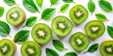 Fototapeta premium Aerial view of minimalist healthy eating: juicy kiwi slices nestled amongst lush green leaves.