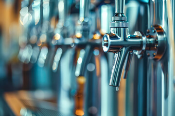 Fototapeta premium Row of taps with a brick wall behind them.