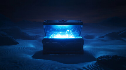 Mysterious treasure chest glowing with ethereal blue light in a surreal moonlit desert
