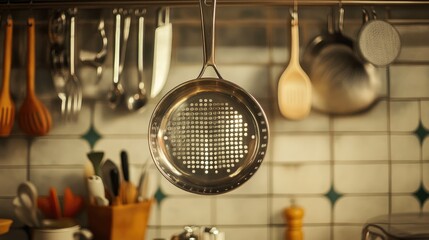 A perforated stainless steel colander hanging from a kitchen rack, surrounded by cooking utensils.