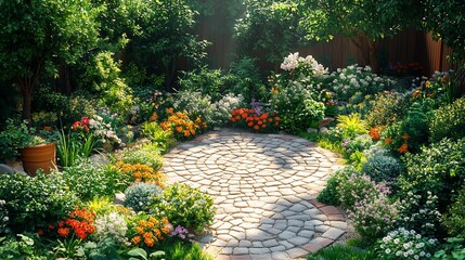 Obraz premium A Circular Stone Path Winds Through A Vibrant Flower Garden