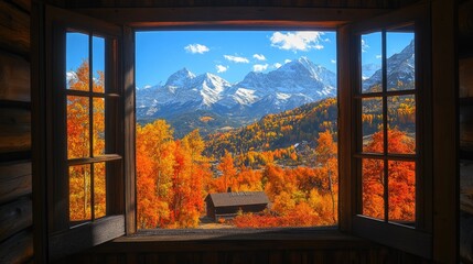 A picturesque autumn view of vibrant trees and snowy peaks through a large window in a wooden home.
