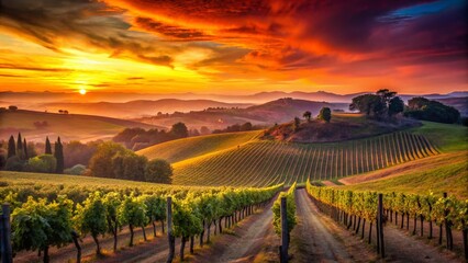 Naklejka premium Tuscan Sunset: Silhouetted Sangiovese Vineyards