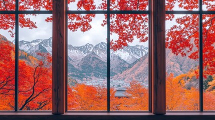 A picturesque view of autumn foliage and snowy mountains framed by a large wooden-framed window.