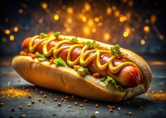 Hot dog bathed in golden mustard, low-key lighting, AI artistry.