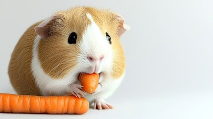 A cute guinea pig munching on a carrot against a white background.
