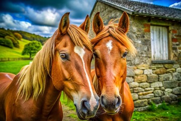 Obraz premium Two Happy Horses Closeup: Joyful Equine Companionship in a Lush Meadow