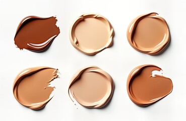 Different shades of liquid foundation displayed on white background. Various creamy makeup swatches in beige, brown tones. Cosmetic samples show different textures, consistency. Set of makeup