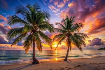Two Palm Trees on Tropical Beach at Sunset, Rule of Thirds Composition