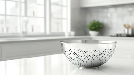 A round, perforated colander with a shiny metallic surface, sitting in a minimalist kitchen.