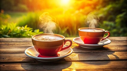 Obraz premium Two Steaming Cups of Coffee with Milk, Long Exposure, Wooden Table Outdoors