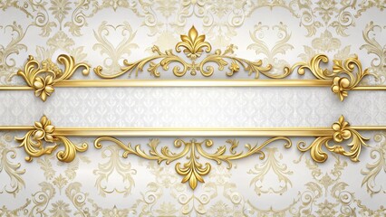 Luxury wedding invitation: classic white banner, gold trim and frame, premium design.