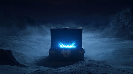 Futuristic treasure chest emitting radiant blue light in a dark, mystical desert setting