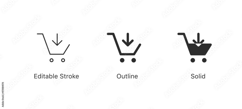 Poster add to cart icon with arrow down symbol , shopping cart sign , put in cart icon . DITABLE STROKE ICON, outline and filled web icons vector sign
