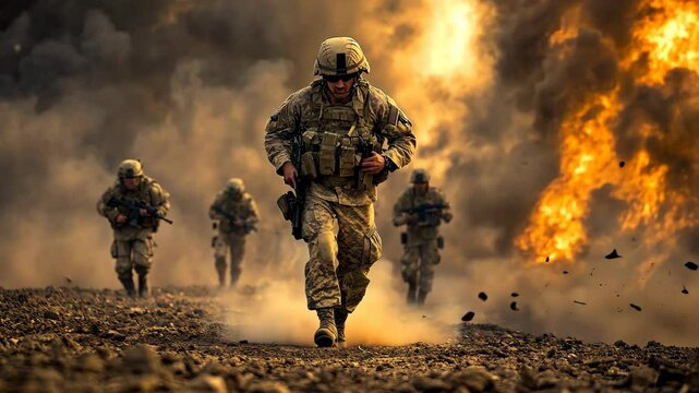 In a challenging military operation, brave soldiers engage amidst smoke and explosions, showcasing their unwavering bravery and commitment to completing the mission despite the danger