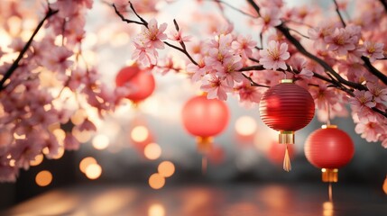 A serene Chinese New Year scene with pink blossoms and red lanterns illuminated softly.