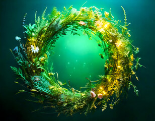 magical spring wreath glowing softly, nature’s vibrant rebirth encircles