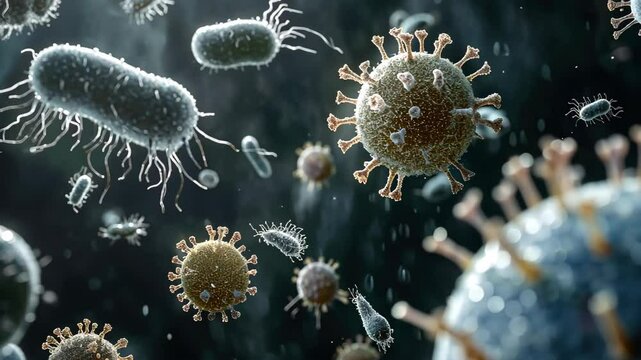 Abstract depiction of bacteria and viruses in various shapes against a dark and mysterious background, Ai Generated.