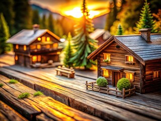 Obraz premium Miniature world effect: close-up tilt-shift photography reveals rustic wood's captivating grain.
