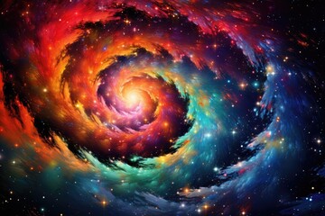 A vibrant galaxy spiral design featuring multicolored stars swirling in cosmic harmony against a deep black background creates a mesmerizing view of the universe