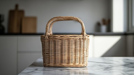 A simple wicker basket with handles, resting on a marble countertop with a blurred background.