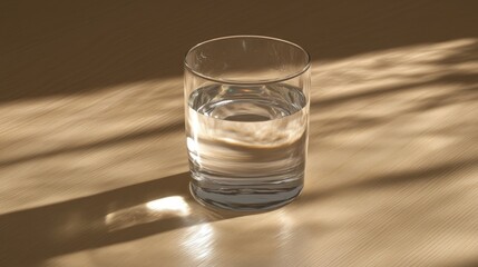 A single clear glass tumbler filled with water, sitting on a wooden table under natural sunlight.
