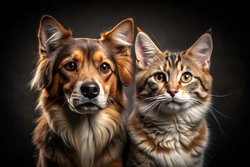 Nighttime studio shot:  A captivating PNG of a dog and cat's adorable friendship, perfectly isolated.