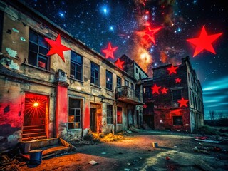 Urban Exploration: Red Stars on Black Night Photography