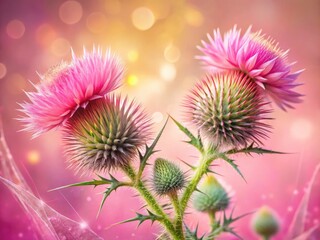 Obraz premium Pink thistle wildflowers in a pastel double exposure, showcasing prickly beauty and nature's art.
