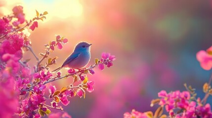 Obraz premium A small bird perched on a bright pink bougainvillea branch in tropical sunlight.