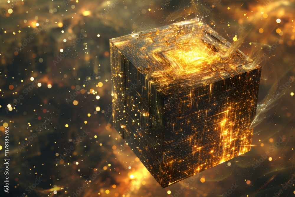 Poster a luminous cosmic cube floating in the fourth dimension, surrounded by swirling golden particles and