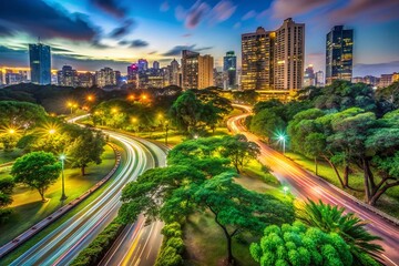Fototapeta premium Urban Nature Long Exposure: City Lights Blurred Over Green Park at Night
