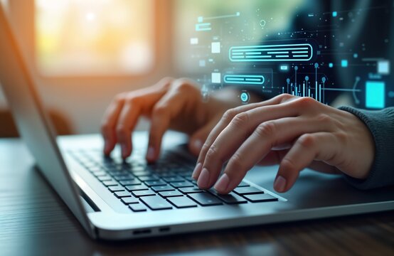 Person interacts with laptop. Hands type on laptop keyboard. AI interface with data graphics, messages overlays laptop screen. Virtual assistant interacts with tech. Future tech innovation with