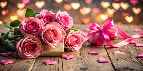 Valentine's Day Background: Pink Roses, Bow, and Paper Hearts