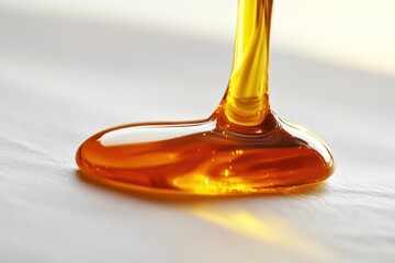Golden syrup slowly cascading on a smooth surface in warm light during a bright afternoon. Generative AI