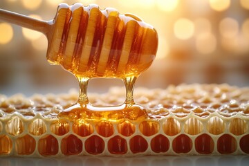 Honey drips from a wooden dipper onto a honeycomb, creating a golden cascade in a warm setting. Generative AI