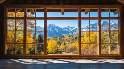 Fototapeta premium A stunning view of autumn colors and snowy peaks framed by a large window in a rustic house.