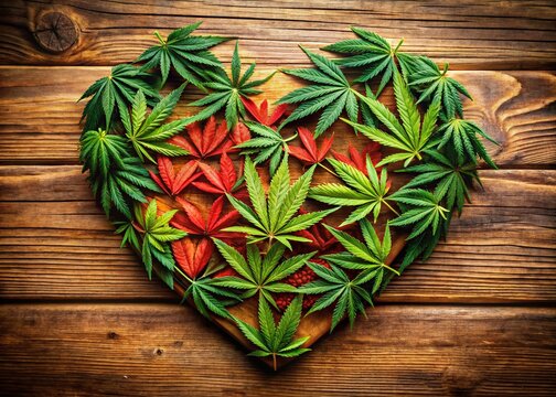 Valentine's Day Cannabis Leaves Love Symbol Rustic Wood Background Stock Photo
