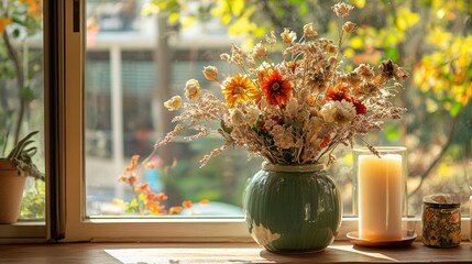 Dried flower bouquet in vase on sunny windowsill.